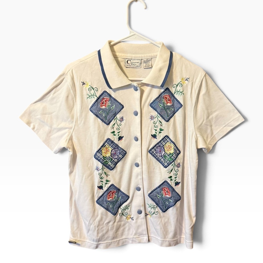 Crescent Bay Vintage Polo Shirt Petite M White Floral Embroidered Patchwork 90s